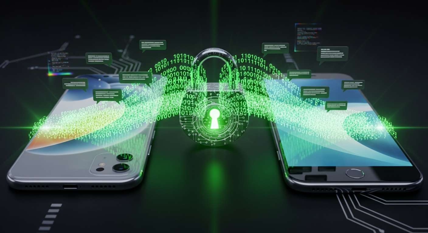 Two smartphones securely exchanging messages through an encrypted, locked digital connection