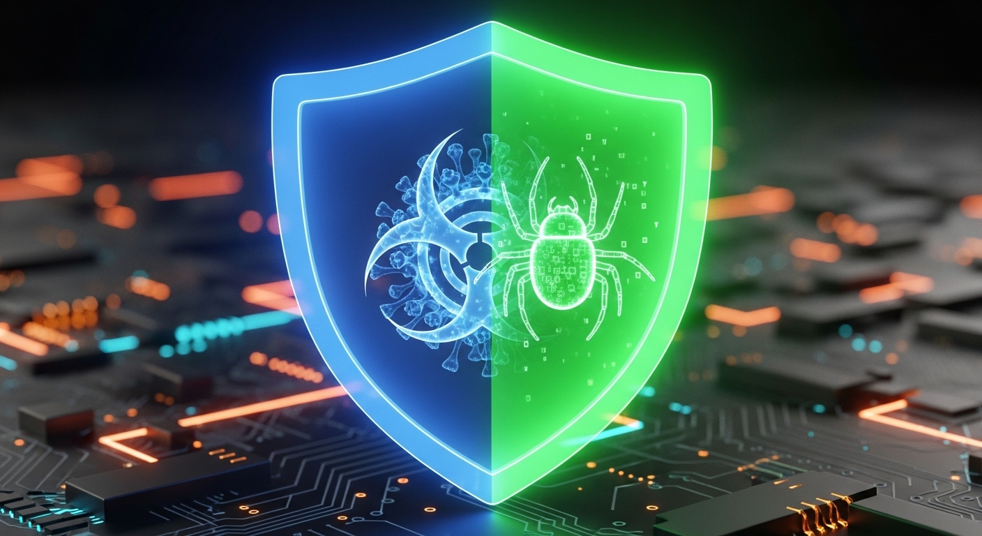 A 3D illustration showing the difference between antivirus vs anti malware protecting a computer.