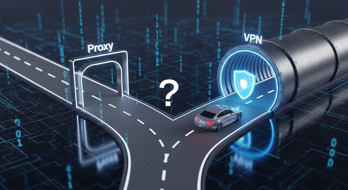 A 3D illustration comparing proxies vs vpns as paths for digital data.