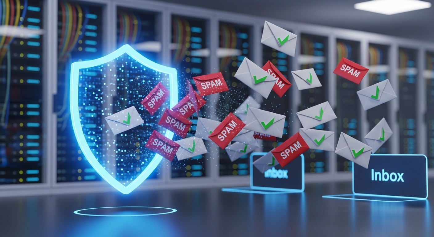 A 3D illustration representing DeBounce email verification software filtering clean emails from bad ones