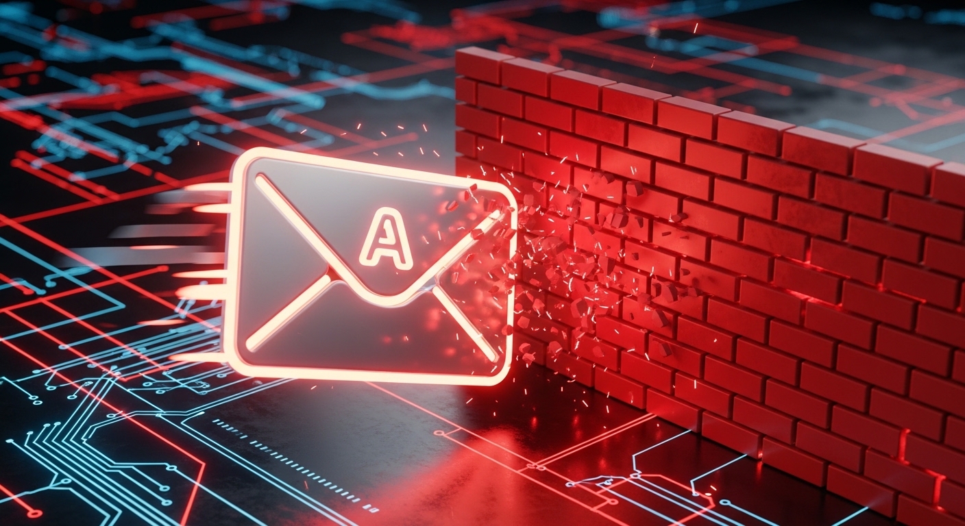 3D illustration of an email bouncing off a firewall, representing a high email bounce rate.