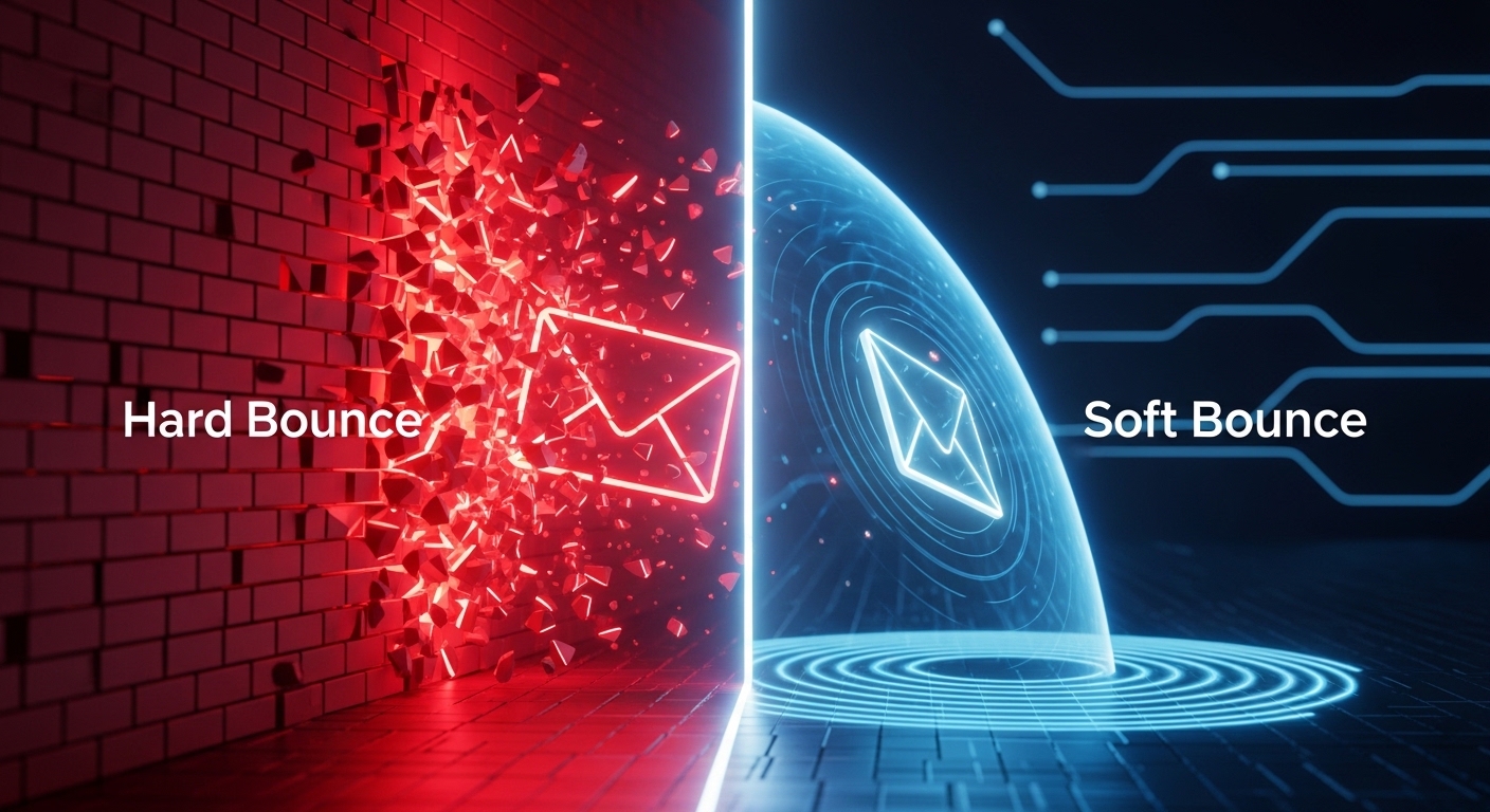 A 3D illustration comparing a hard bounce vs soft bounce in email marketing deliverability.