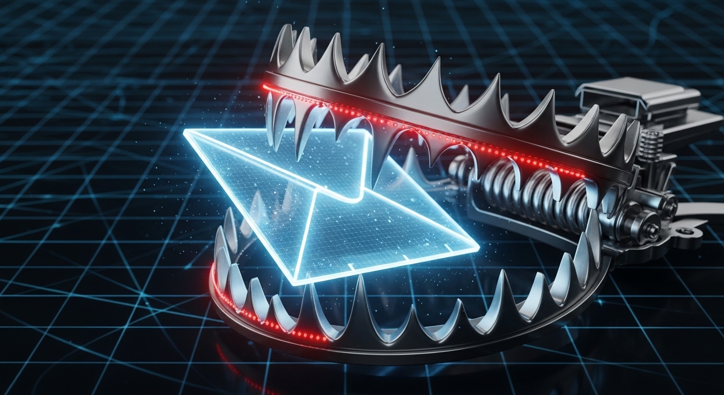 A 3D illustration of an email envelope caught in a digital trap, representing the dangers of spam traps.