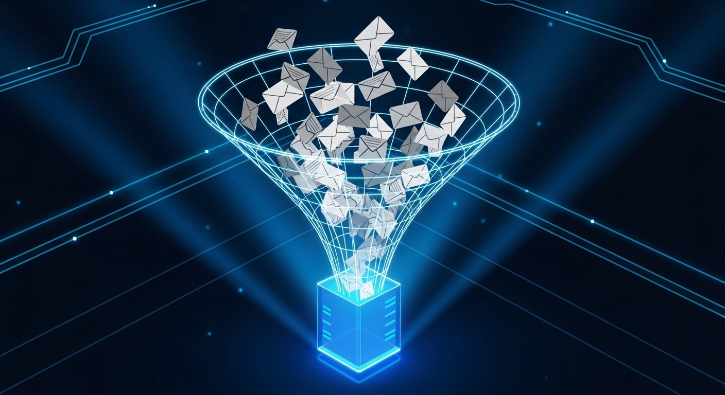 A 3D illustration of a digital net representing how a catch-all email address collects all incoming messages.