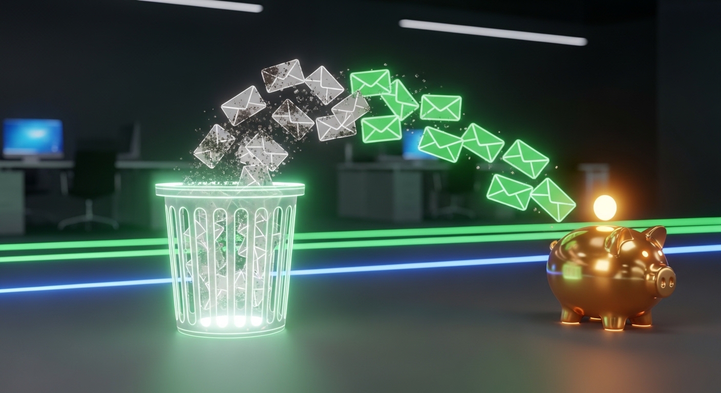 A 3D illustration showing how cleaning an email list saves money and boosts email marketing ROI.