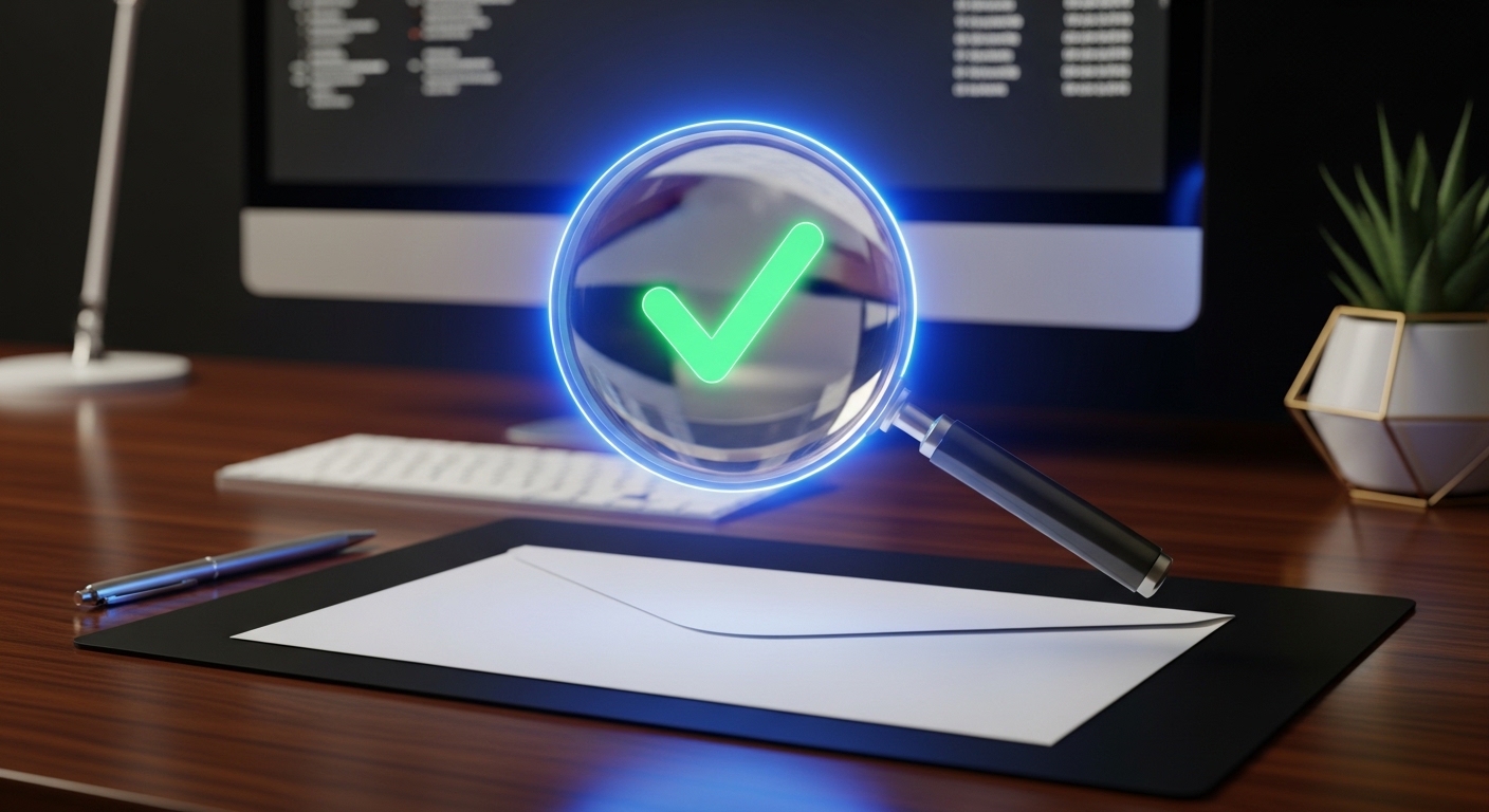 A 3D illustration of a magnifying glass scanning an envelope, representing free ways to verify an email address.