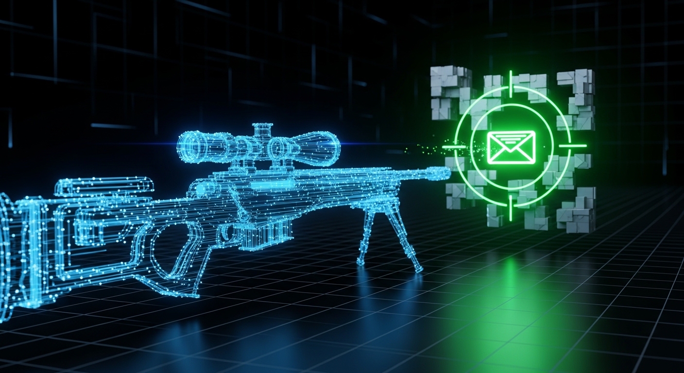 A 3D illustration of a precise data stream hitting an inbox, representing highly targeted B2B cold email outreach.