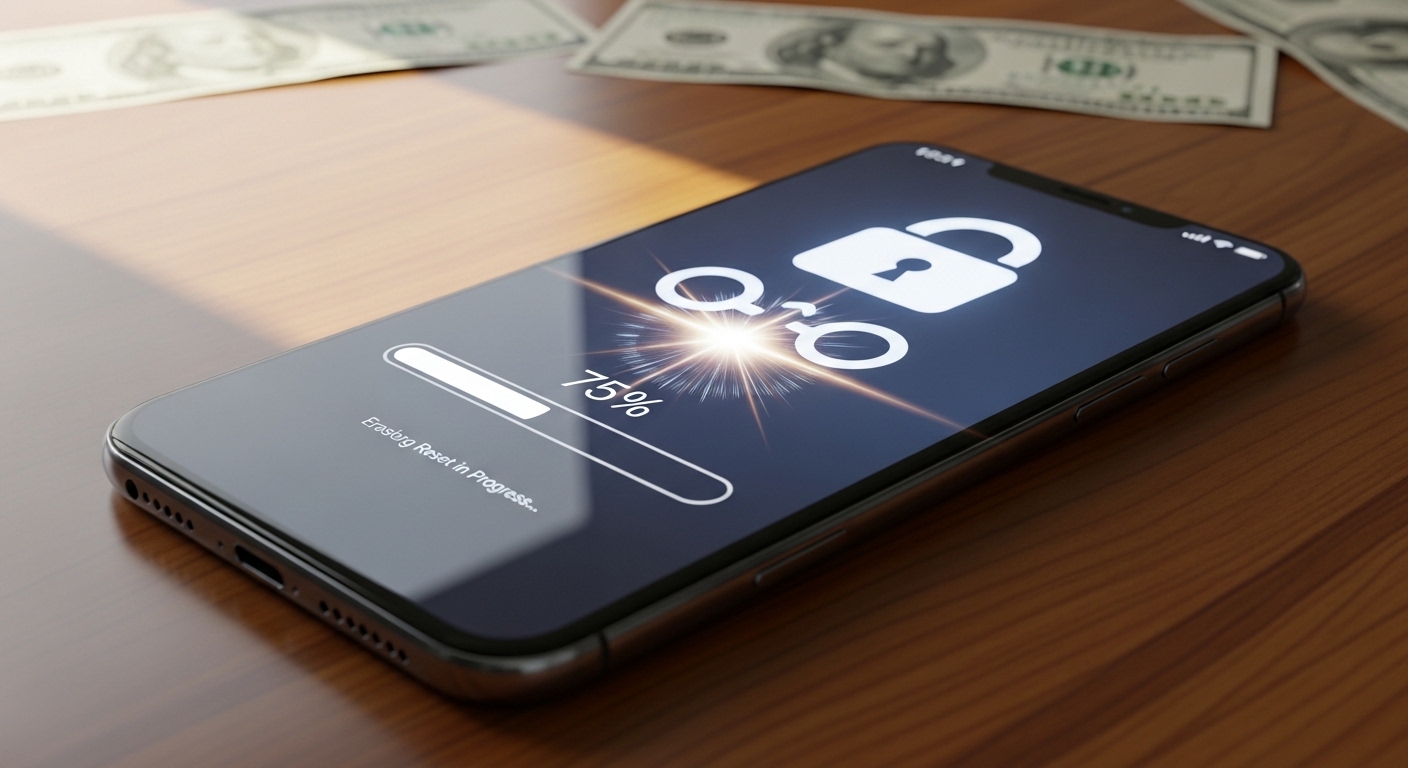 A 3D illustration showing a smartphone securely erasing its data before being sold.