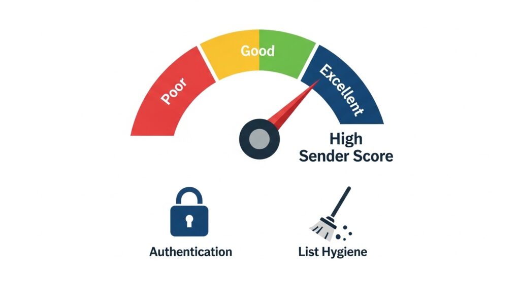 An infographic comparing domain reputation to a credit score with a gauge in the green zone.