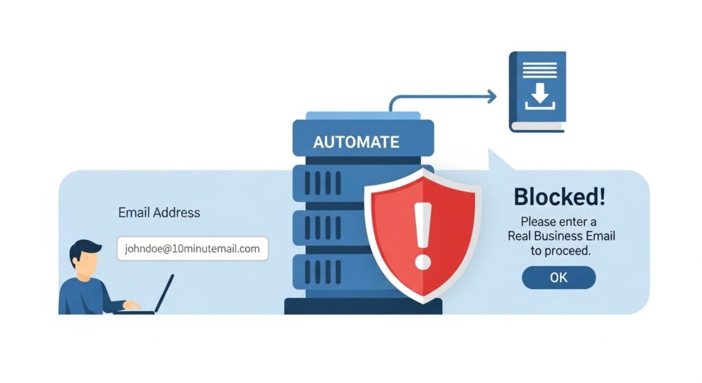 An infographic showing a real-time API blocking a disposable email addresses at the lead capture form.