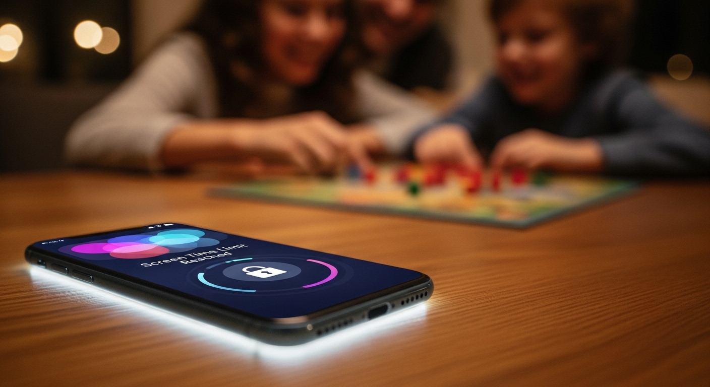 A smartphone showing a screen time limit notification while a family plays together in the background