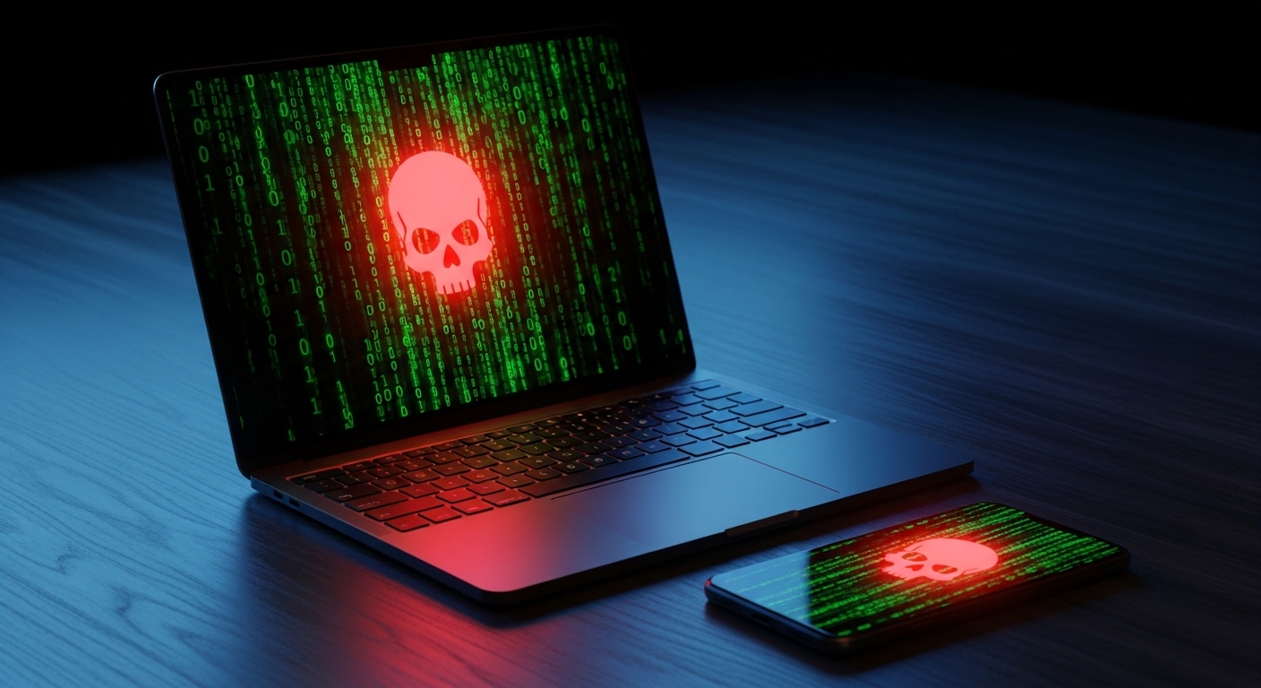 A laptop and smartphone displaying a red warning skull, indicating a malware or spyware infection