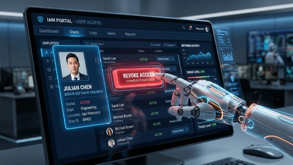 A 3D illustration of a digital dashboard used for revoking employee access during the offboarding process.