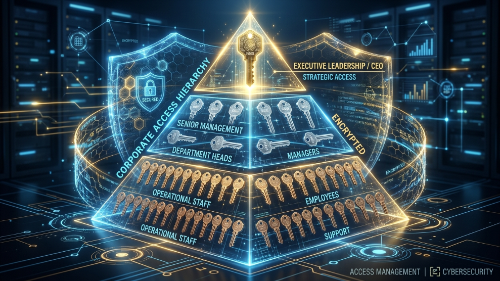 A 3D illustration of a corporate hierarchy with digital keys, representing Role-Based Access Control (RBAC).