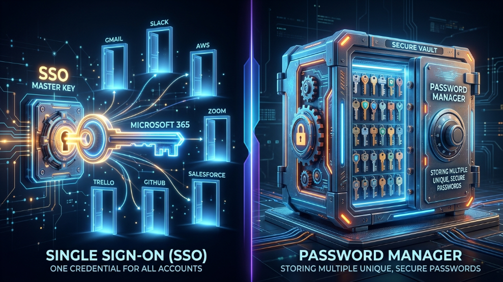A 3D illustration comparing Single Sign-On (a master key) with a Password Manager (a secure vault) for enterprise security.