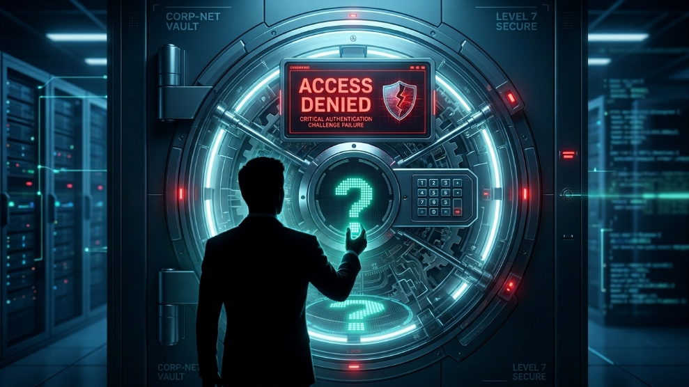 A 3D illustration representing the panic of being locked out of a digital vault after forgetting the master password.
