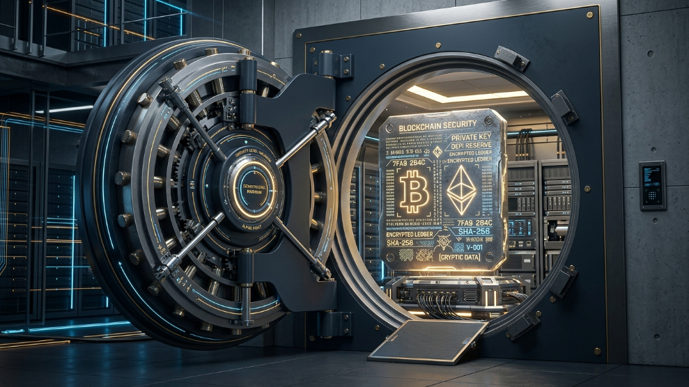 A 3D illustration of a secure digital vault protecting a cryptocurrency seed phrase engraved on a metal plate.