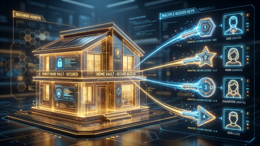 A 3D illustration of a digital vault shaped like a house, representing secure family password sharing.