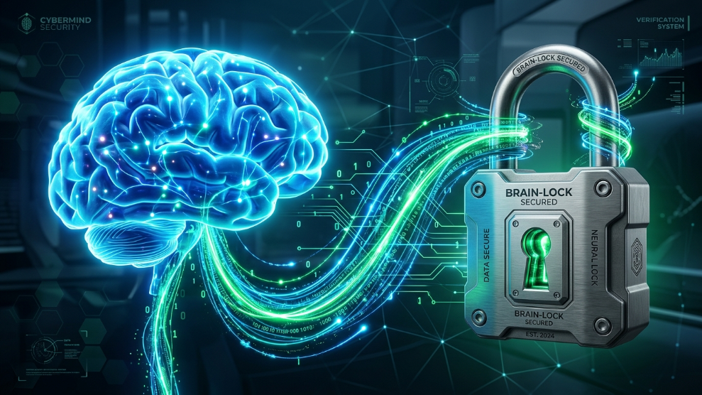 A 3D illustration of a brain connected to a secure padlock, symbolizing techniques for remembering strong passwords.