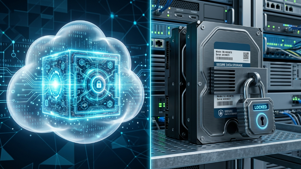 A 3D illustration comparing a cloud-based digital vault to a local storage hard drive.