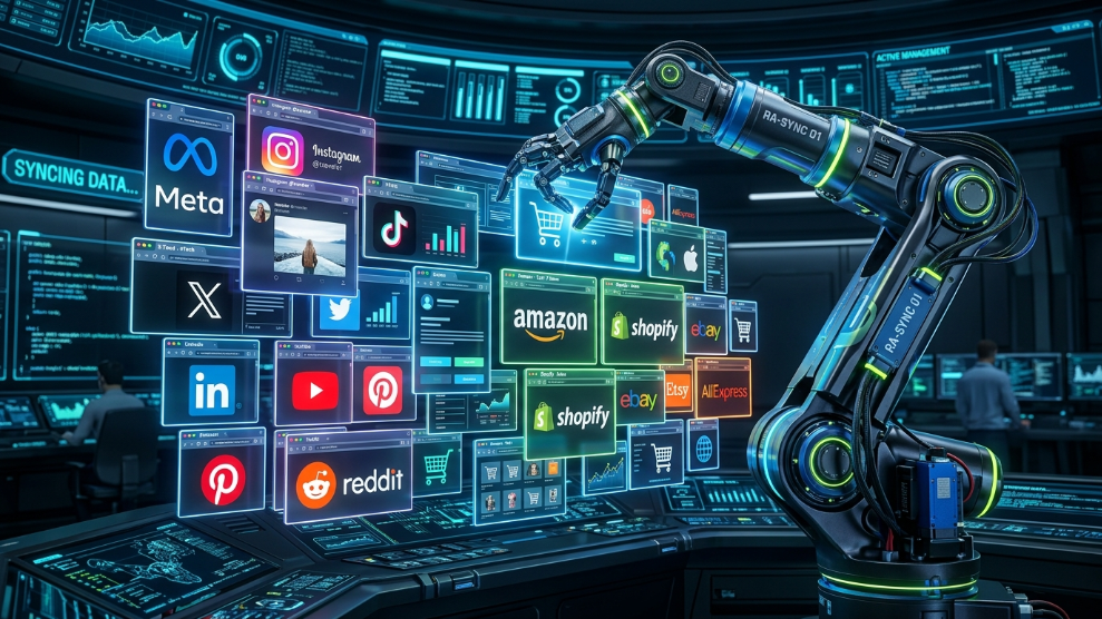 A 3D illustration of a robotic arm automating multiple browser profiles, representing AdsPower's RPA automation feature.