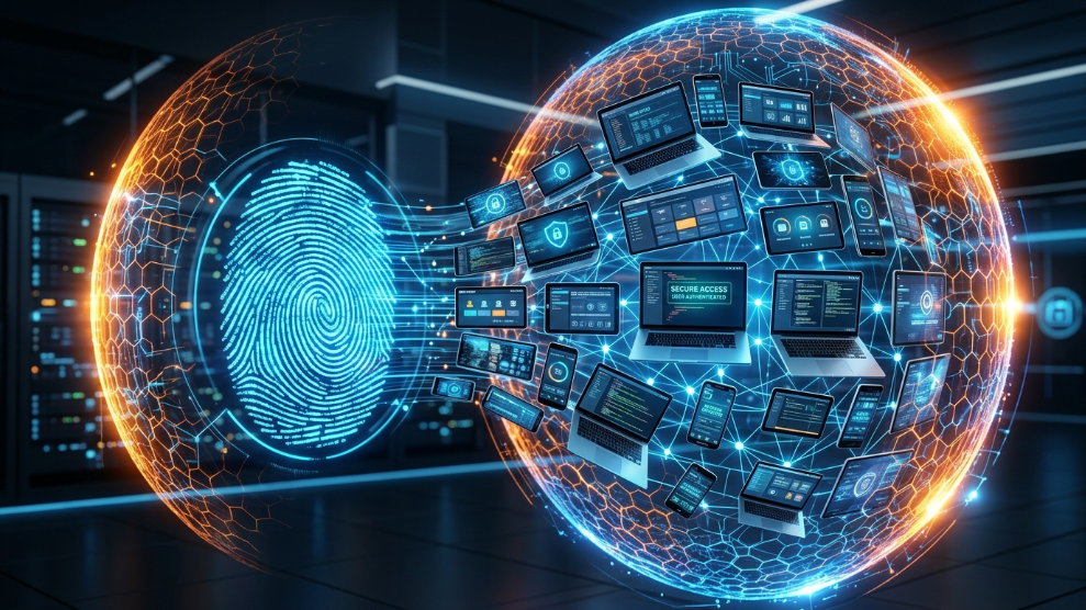 A 3D illustration representing MoreLogin's advanced machine learning fingerprint spoofing technology.