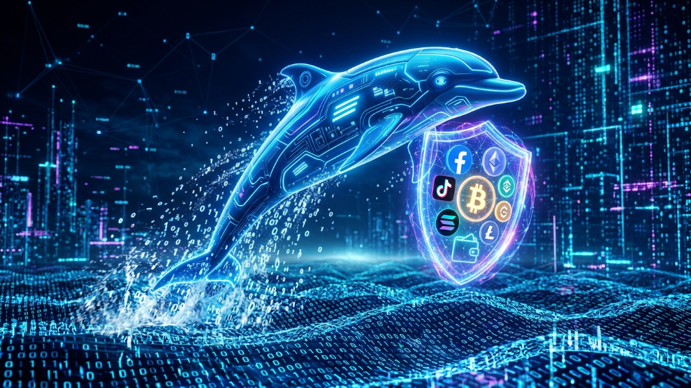 A 3D illustration of a digital dolphin protecting social media and crypto icons, representing Dolphin Anty's security features.