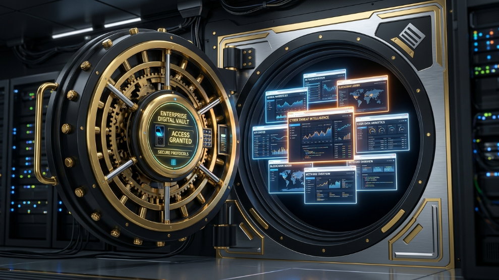 A 3D illustration of a premium gold and black digital vault, representing Multilogin's high-end enterprise security.