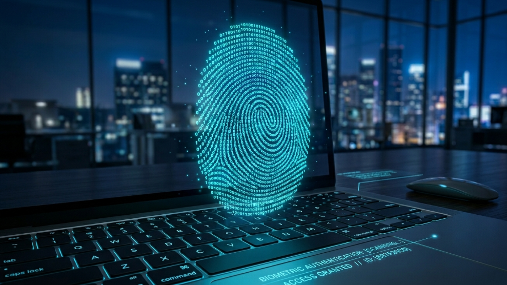A 3D illustration of a digital fingerprint over a laptop keyboard, representing browser fingerprinting technology.