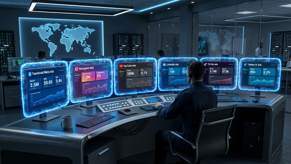 A 3D illustration of a secure digital dashboard managing multiple isolated Facebook advertising accounts.