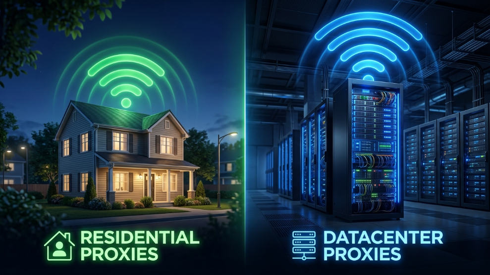 A 3D illustration comparing a residential house Wi-Fi signal to a commercial datacenter server, representing different proxy types.