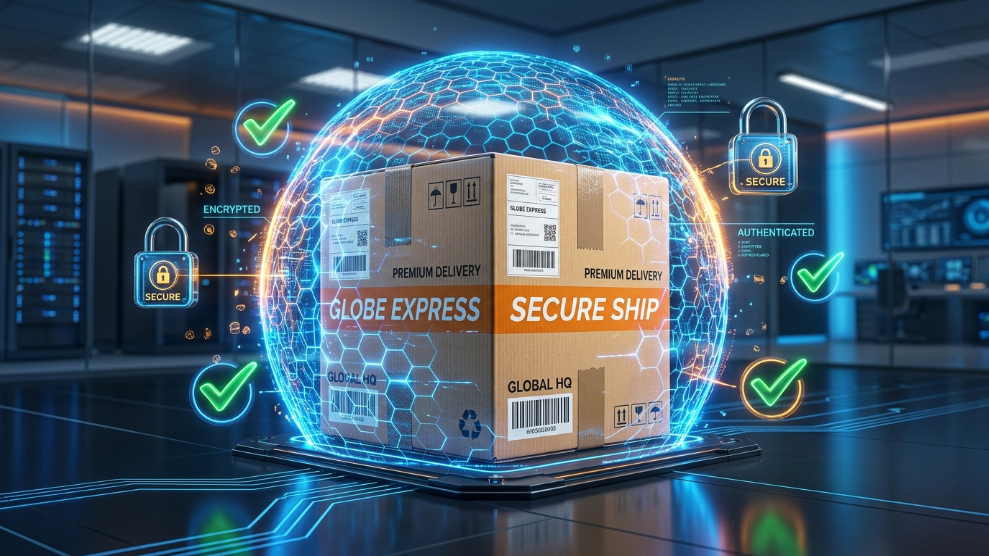 A 3D illustration of a delivery box protected by a digital shield, representing the security of an Amazon seller account.