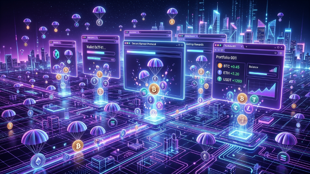 A 3D illustration of digital airdrops being collected into secure browser profiles, representing crypto airdrop farming.