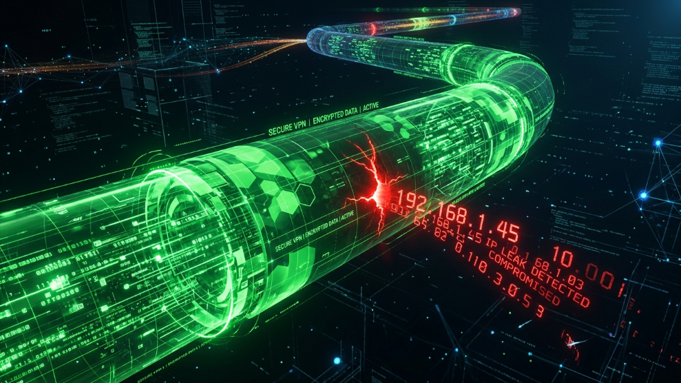 A 3D illustration of an IP address leaking out of a secure VPN tunnel, representing a WebRTC leak.