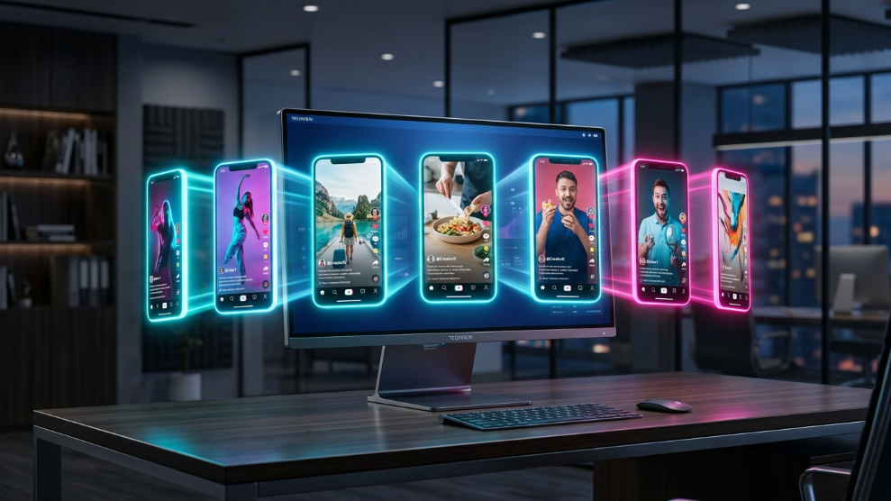 A 3D illustration of a desktop monitor projecting multiple smartphone screens, representing running multiple TikTok accounts on a PC.
