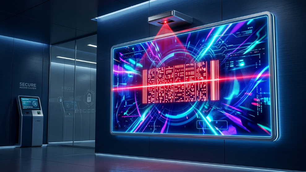 A 3D illustration of a digital canvas being scanned to reveal a hidden barcode, representing canvas fingerprinting technology.