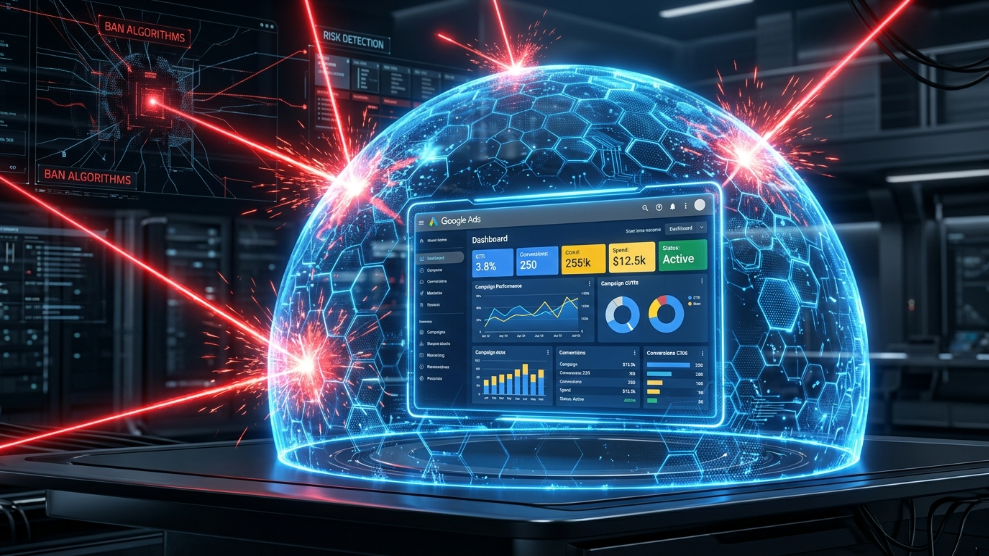 A 3D illustration of a digital forcefield protecting an advertising dashboard from algorithmic bans.