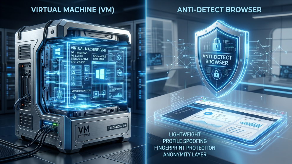A 3D illustration comparing a heavy virtual machine server to a lightweight, secure anti-detect browser.