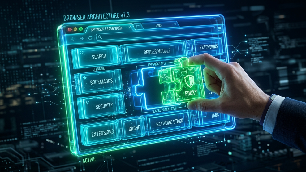 A 3D illustration of a digital browser being assembled, representing how to setup an anti-detect browser.