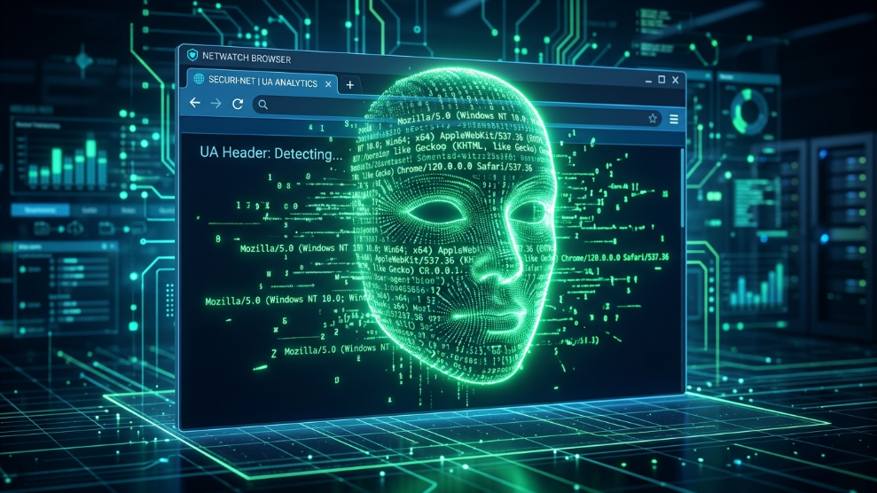 A 3D illustration of a digital mask made of code, representing a browser spoofing its User-Agent string.