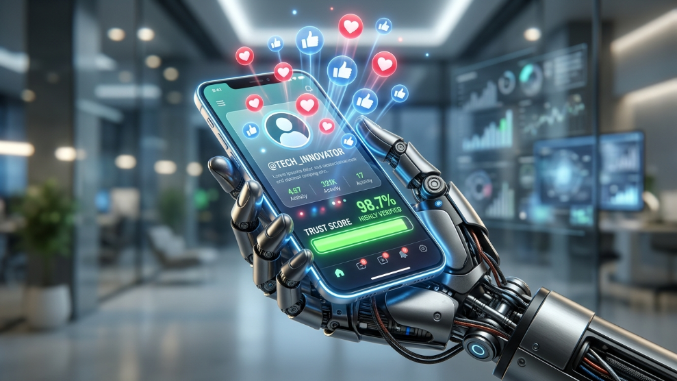 A 3D illustration of a robotic hand automating social media engagement to build account trust scores.