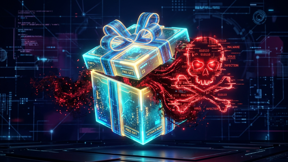 A 3D illustration of a digital gift box leaking malware, representing the hidden dangers of free anti-detect browsers.