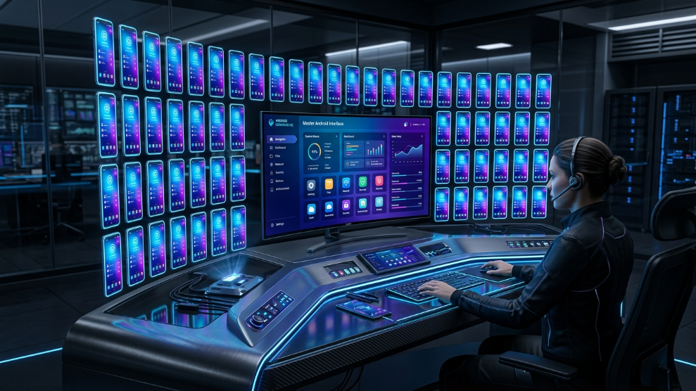 A 3D illustration of a master console controlling multiple synchronized cloud smartphones, representing BitBrowser's Group Control feature.