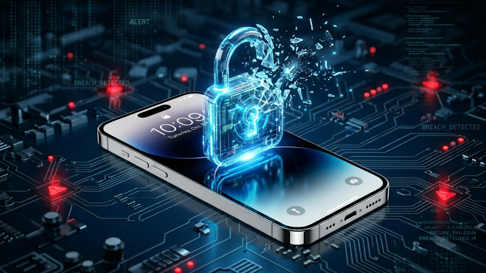 A 3D illustration of a shattered padlock over a smartphone, representing the security limitations of iCloud Keychain.