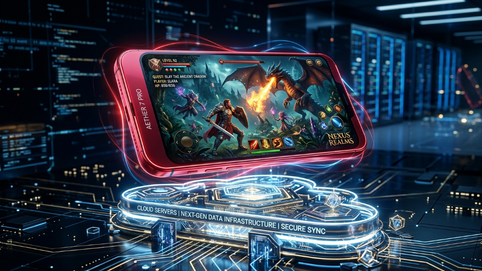 A 3D illustration of a red cloud smartphone running a mobile game automatically, representing the Redfinger Cloud Phone ecosystem.