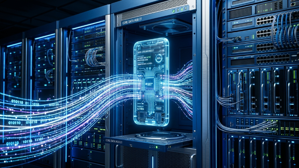 A 3D illustration of a digital smartphone inside a server rack, representing cloud Android phone technology.