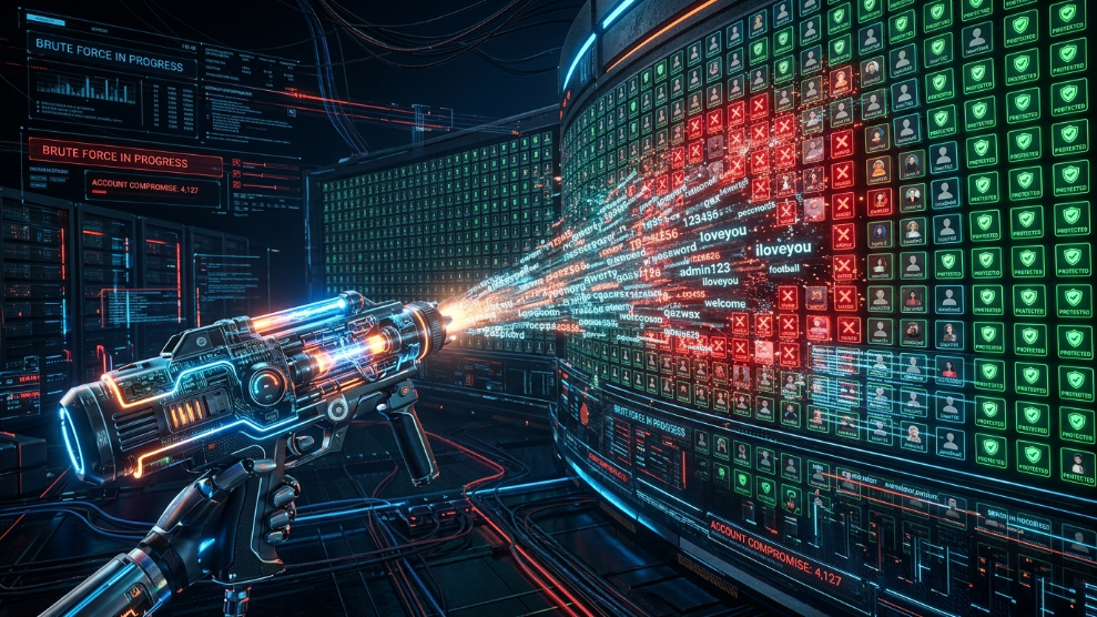 A 3D illustration visualizing a password spraying attack on multiple user accounts.