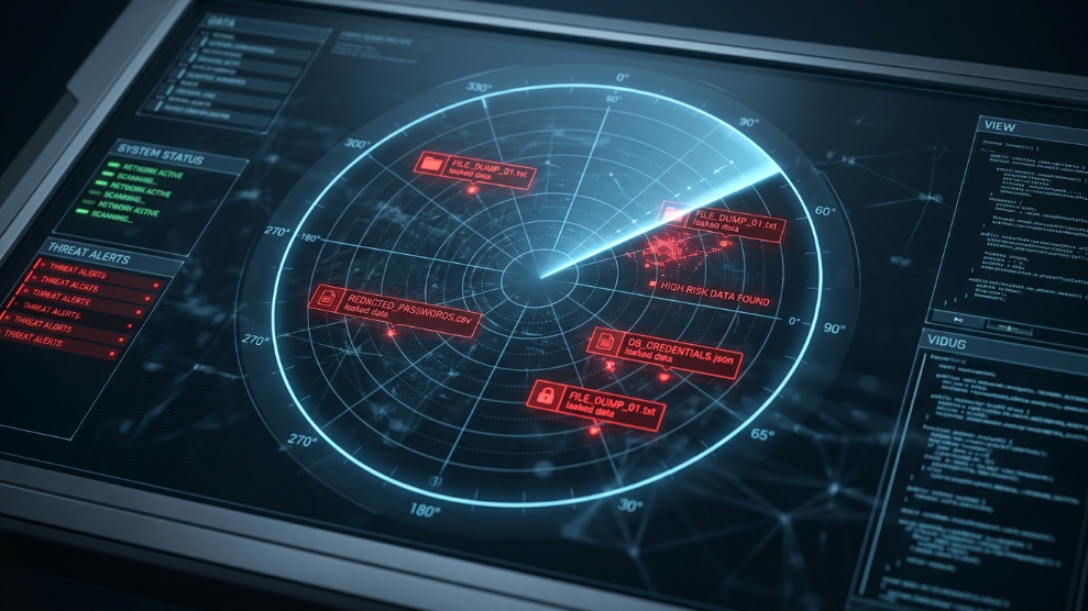 A 3D illustration of a digital radar scanning the dark web for leaked passwords and compromised user data.