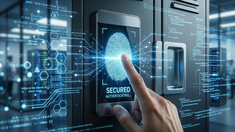 A 3D illustration of a biometric fingerprint replacing a padlock, symbolizing the transition from passwords to passkeys.