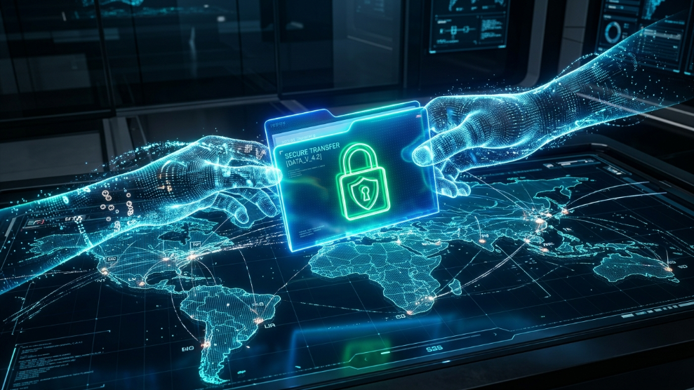 A 3D illustration symbolizing the secure sharing of digital credentials across a global remote network.
